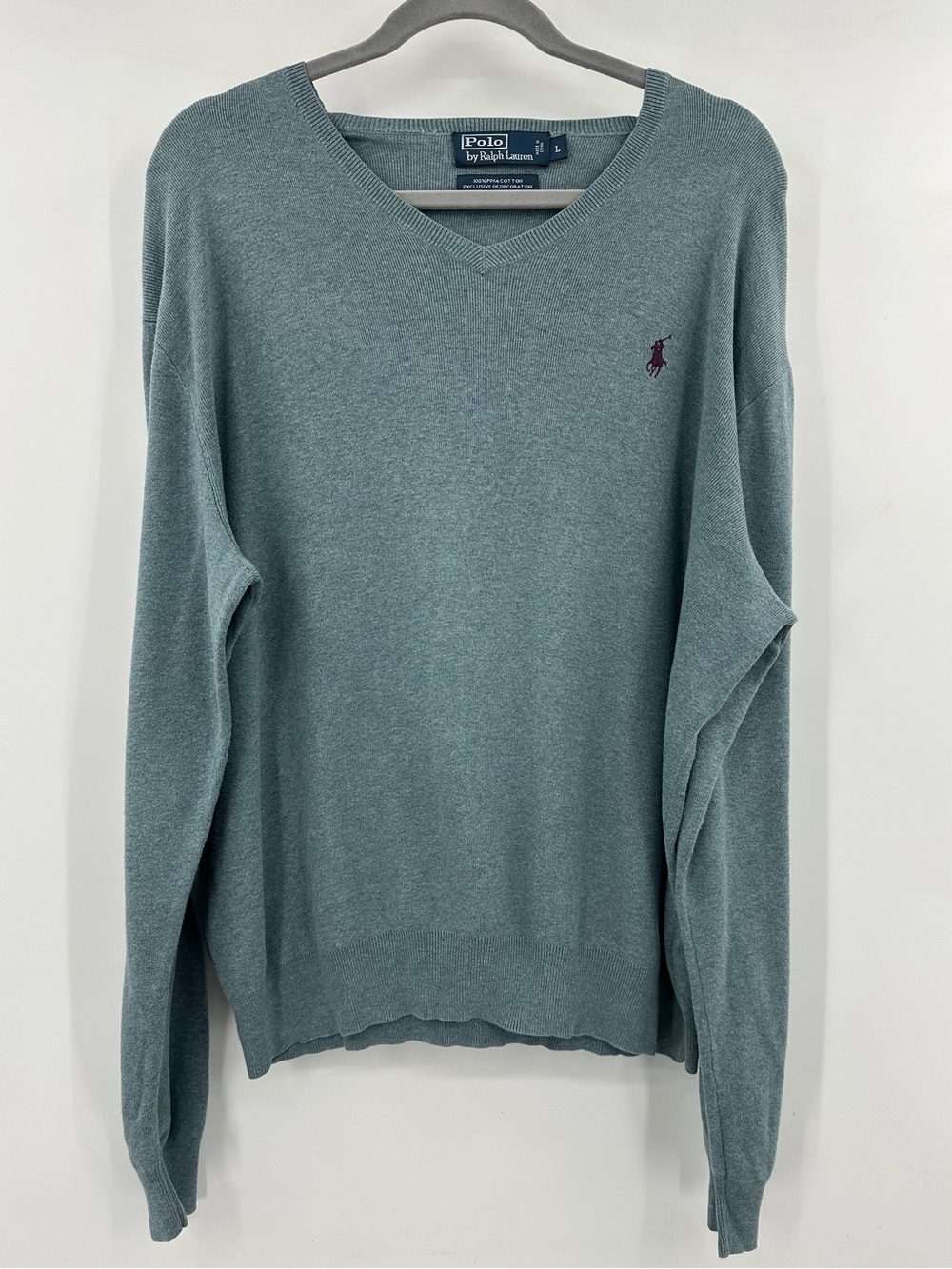 Polo by Ralph Lauren Men's V-Neck Sweater in Teal with Burgundy Pony